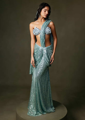 <p>Blue Sequin Pre-draped Saree</p>