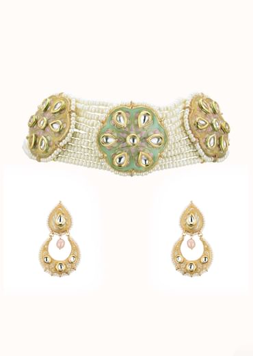 White Gold-Finish Bead Choker Set With Pearls In Mix Metal