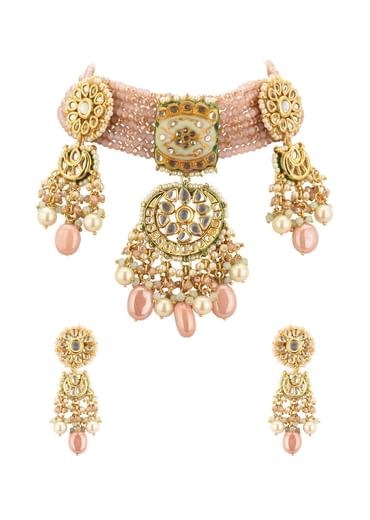 Gold-Finish Kundan Choker Necklace Set With Multicolor Meenakari Work In Mix Metal