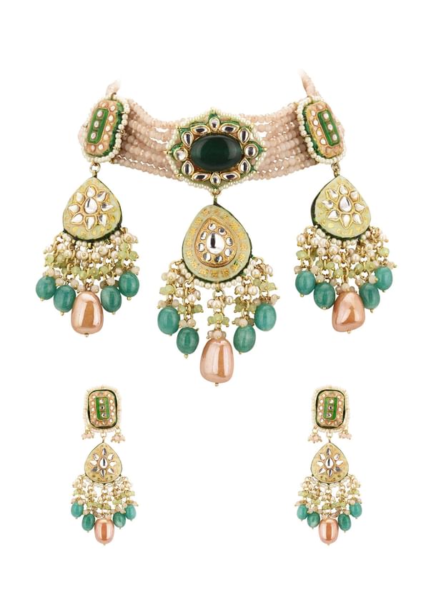 Multicolor Gold-Finish Kundan Choker Necklace Set With Colourful Meenakari Work And Drop-Stones In Mix Metal Multicolor Gold-Finish Kundan Choker Necklace Set With Colourful Meenakari Work And Drop-Stones In Mix Metal