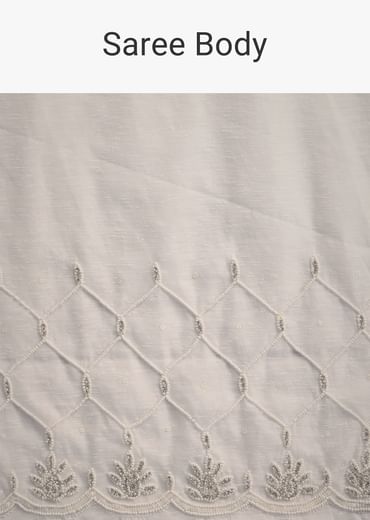 White Organza Saree With Beads And Stone Scallop Border And Unstitched Blouse