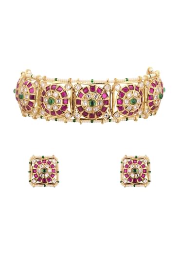 Gold-Finish Jadau Kundan Choker Set With Red-Green Stones And Elegant Studs In Mix Metal