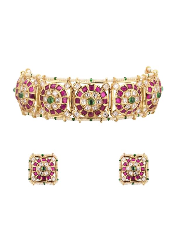 Gold-Finish Jadau Kundan Choker Set With Red-Green Stones And Elegant Studs In Mix Metal
