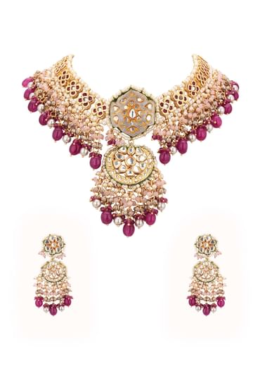 Gold-Finish Ruby Stone Kundan Necklace Set With Colourful Meenakari Work In Mix Metal