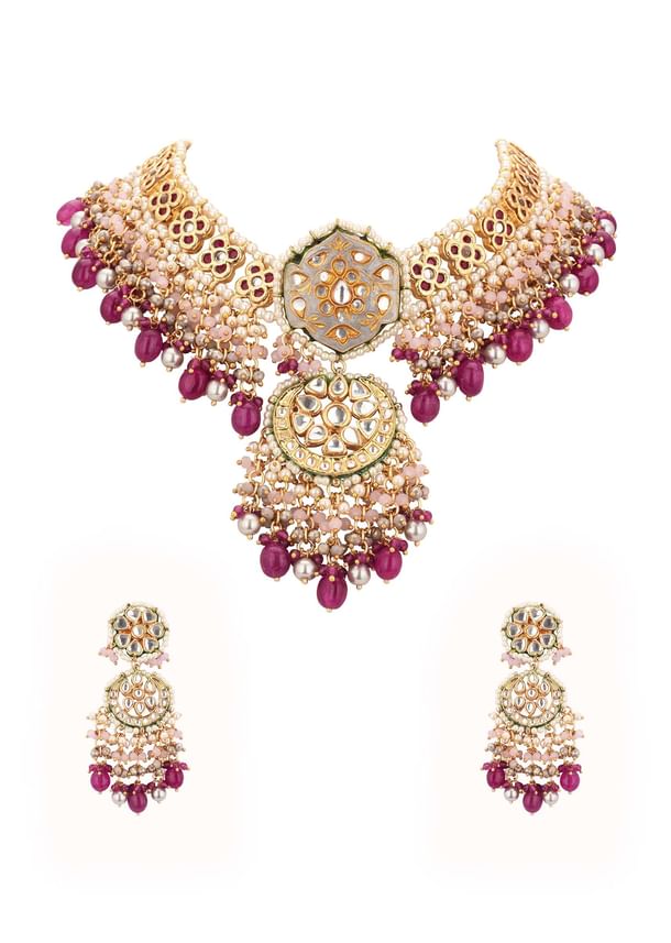Gold-Finish Ruby Stone Kundan Necklace Set With Colourful Meenakari Work In Mix Metal