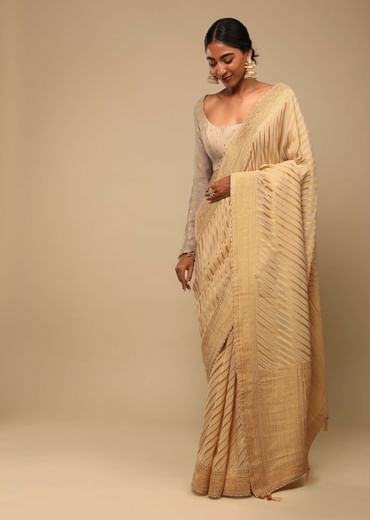 Gold Saree In Georgette With Woven Diagonal Stripes, Floral Pallu And Unstitched Blouse