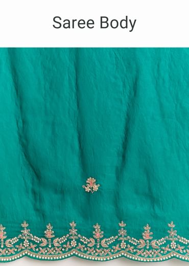 Teal Green Satin Saree With Zardosi Moti Embroidery And Scallop Border