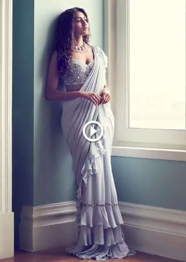 Powder Blue Saree In Georgette With Ready Pleated Ruffle Pallu Powder Blue Saree In Georgette With Ready Pleated Ruffle Pallu