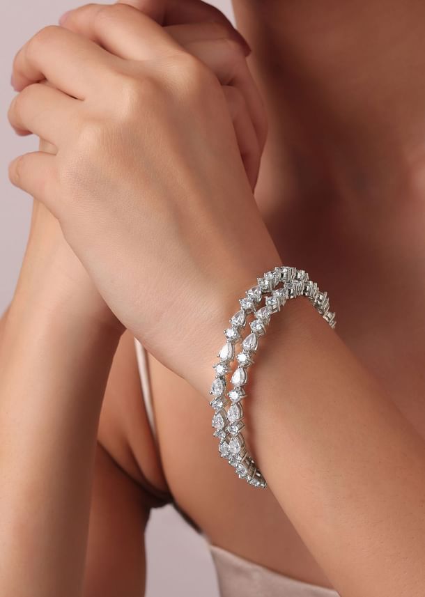 92.5 Sterling Silver Bangles With Zirconia Stones Set of 2 92.5 Sterling Silver Bangles With Zirconia Stones Set of 2