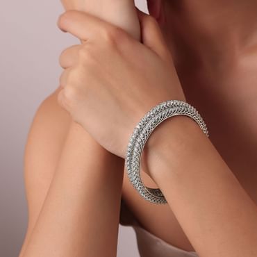 92.5 Sterling Silver Bangles With White Zirconia Set of 2