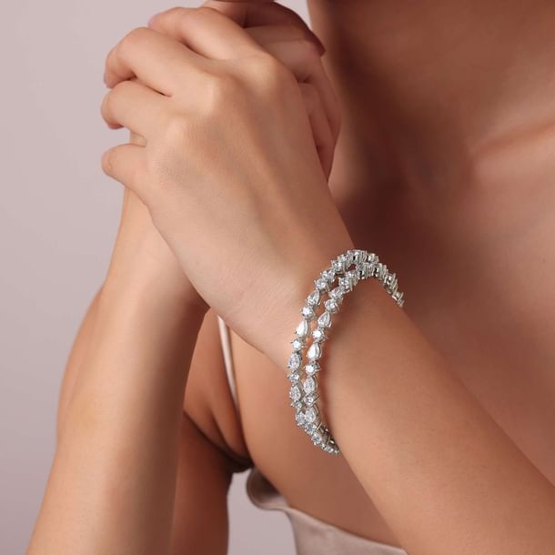 92.5 Sterling Silver Bangles With Zirconia Stones Set of 2 92.5 Sterling Silver Bangles With Zirconia Stones Set of 2