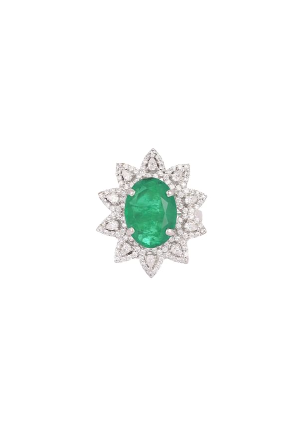 92.5 Sterling Silver Floral Ring Embedded with Green Emerald