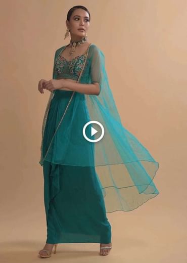 Teal Drape Skirt And Crop Top With Matching Cape And Colorful Resham Embroidered Spring Blooms