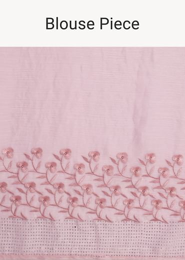 Baby Pink Satin Saree With Thread And Stone Embroidery And Unstitched Blouse