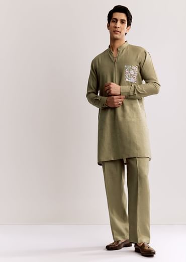 Beige Linen Kurta Set With Embroidery