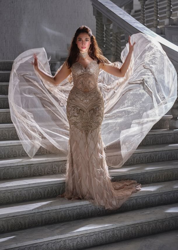 Beige Lycra Bridal Gown With Embroidery And Feather Details