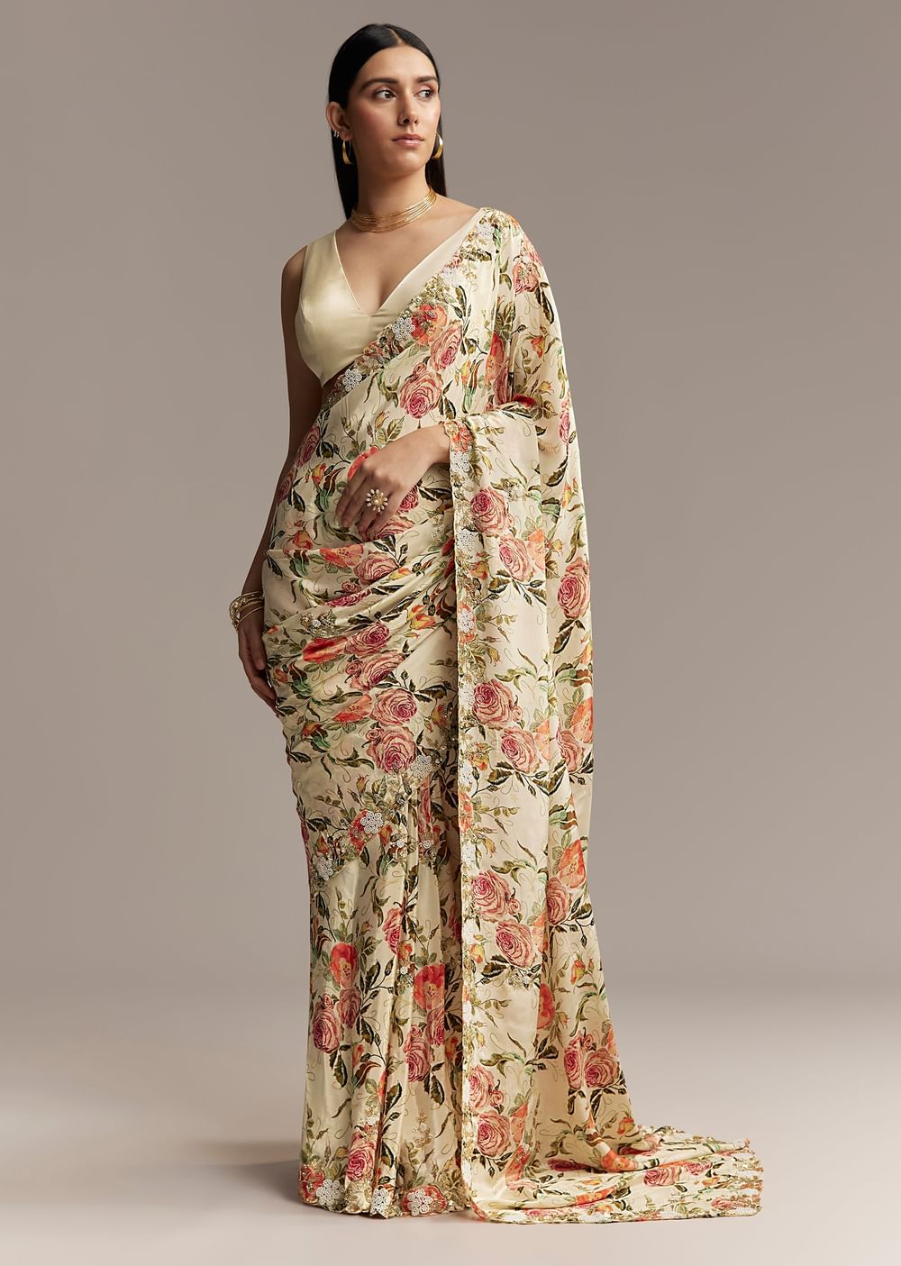 Beige Crepe Saree With Multicolor Floral Print And Moti Embroidery