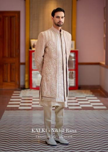 Beige Double Layered Straight Cut Silk Sherwani And Kurta Set