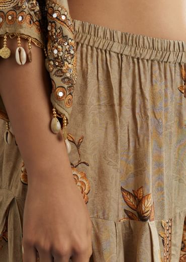 Beige Floral Printed Kaftan Dhoti Set With Shells And Metal Coin Tassels