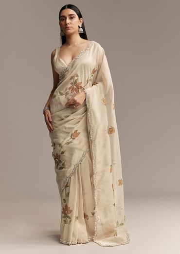 Beige Georgette Tissue Saree With Painted Florals And Sequin Embroidery