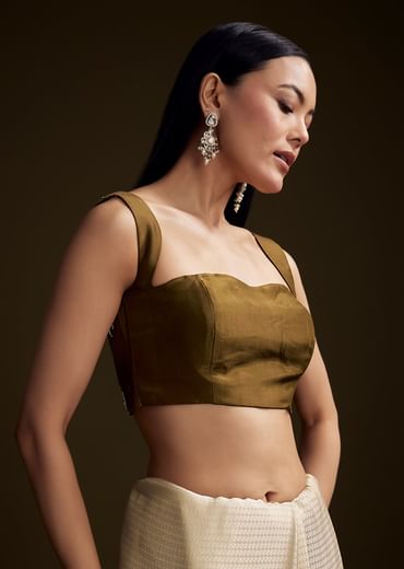 Beige Jacquard Saree With Zardosi And Mirror Embroidery