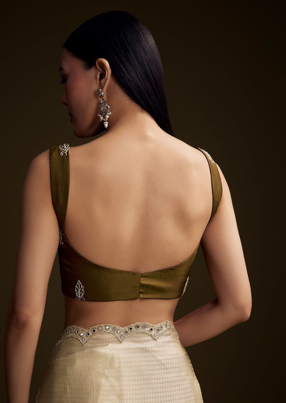 Beige Jacquard Saree With Zardosi And Mirror Embroidery