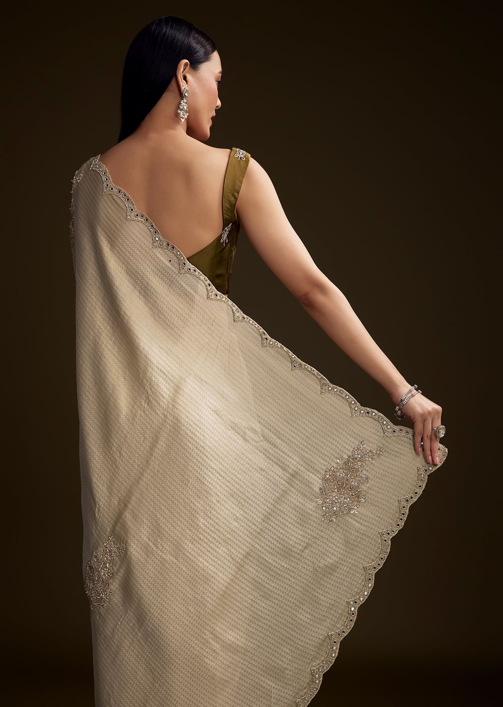 Beige Jacquard Saree With Zardosi And Mirror Embroidery
