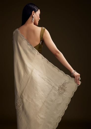 Beige Jacquard Saree With Zardosi And Mirror Embroidery