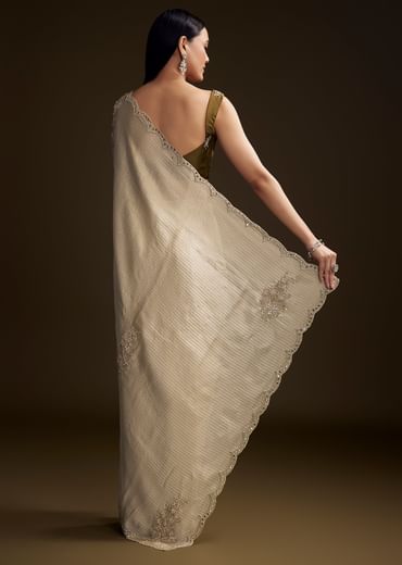 Beige Jacquard Saree With Zardosi And Mirror Embroidery