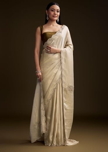 Beige Jacquard Saree With Zardosi And Mirror Embroidery