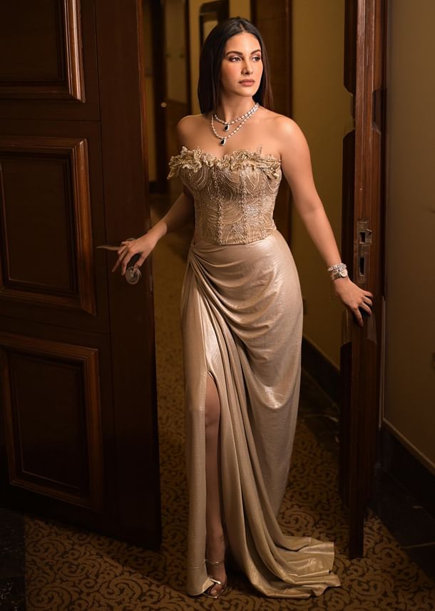 Beige Silver Draped Skirt With Embroidered Blouse Beige Silver Draped Skirt With Embroidered Blouse