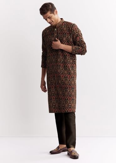 Black Chanderi Printed Kurta Set With Mandarin Collar