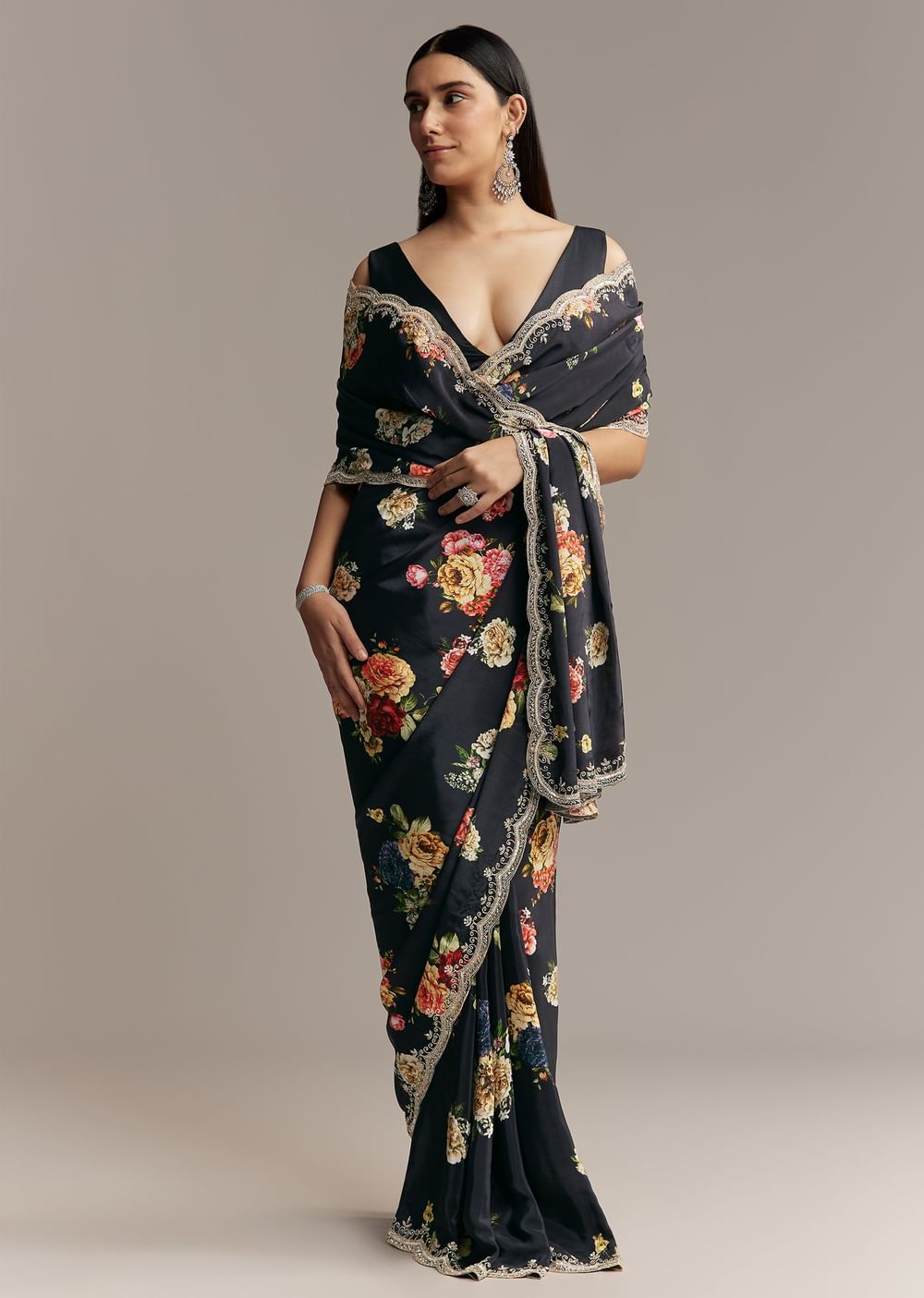 Black Crepe Saree With Floral Digital Print And Sequin Border
