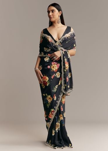 Black Crepe Saree With Floral Digital Print And Sequin Border