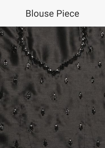 Black Floral Printed Satin Saree With Sequins Lace Border