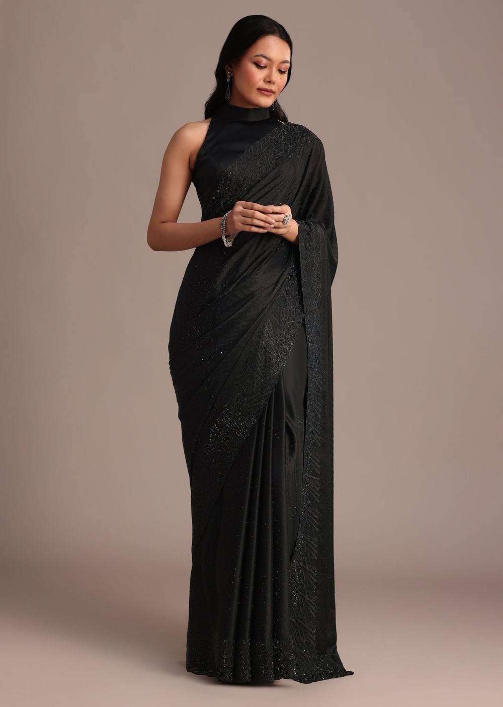 Black Satin Stone And Diamond Embroidered Saree