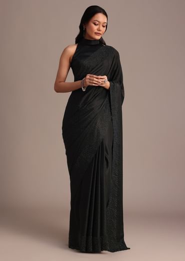 Black Satin Stone And Diamond Embroidered Saree
