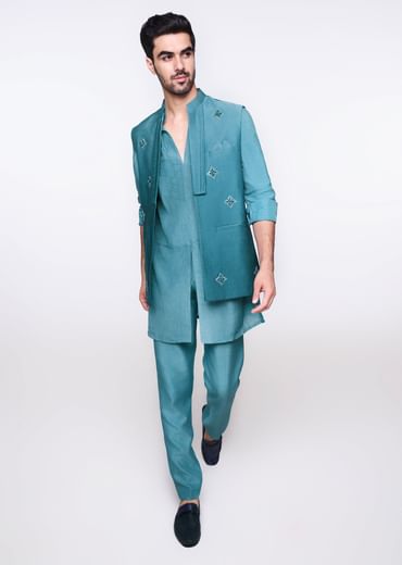 Blue Ombre Hand Embroidered Bandi And Kurta Set