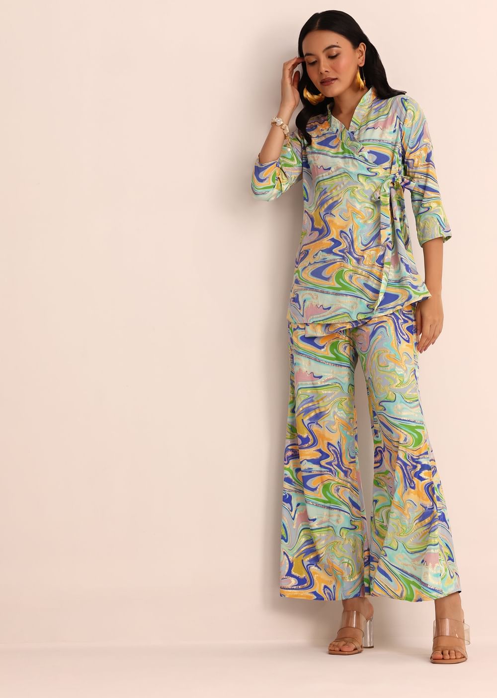 Blue Abstract Printed Satin Top And Palazzo
