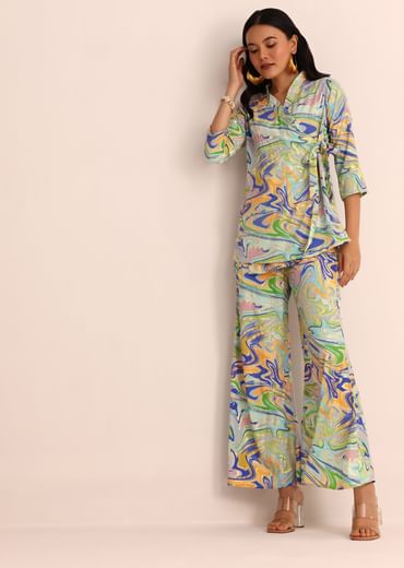 Blue Abstract Printed Satin Top And Palazzo