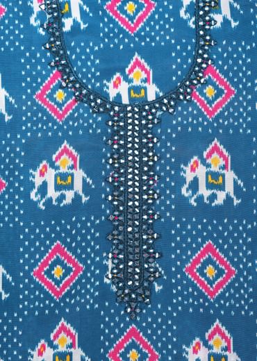 Blue And Pink Patola Printed Tussar Dress Material