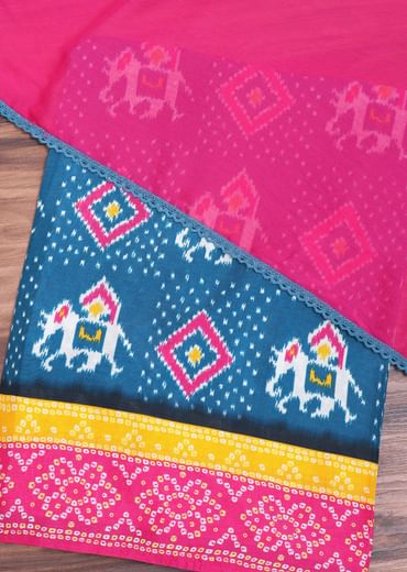 Blue And Pink Patola Printed Tussar Dress Material