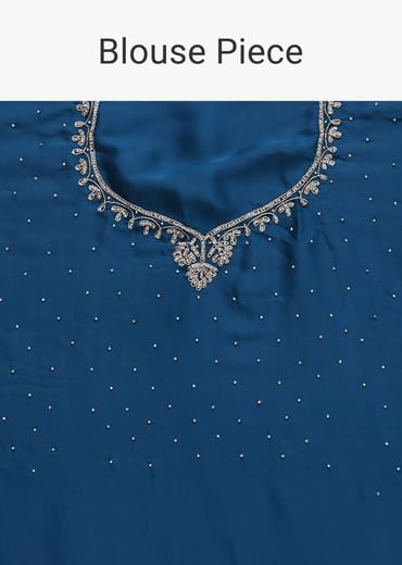Blue Satin Saree With Stone Studded Border And Unstitched Blouse Piece