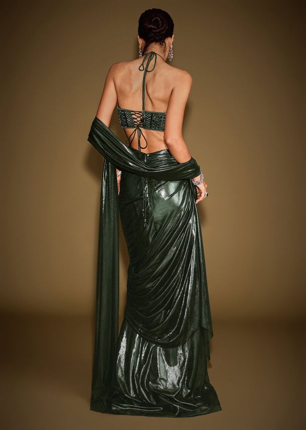 Bottle Green Embroidered Gown With Keyhole Waist And Drape Dupatta