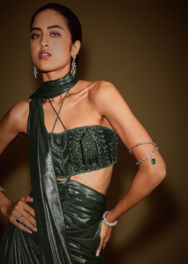 Bottle Green Embroidered Gown With Keyhole Waist And Drape Dupatta