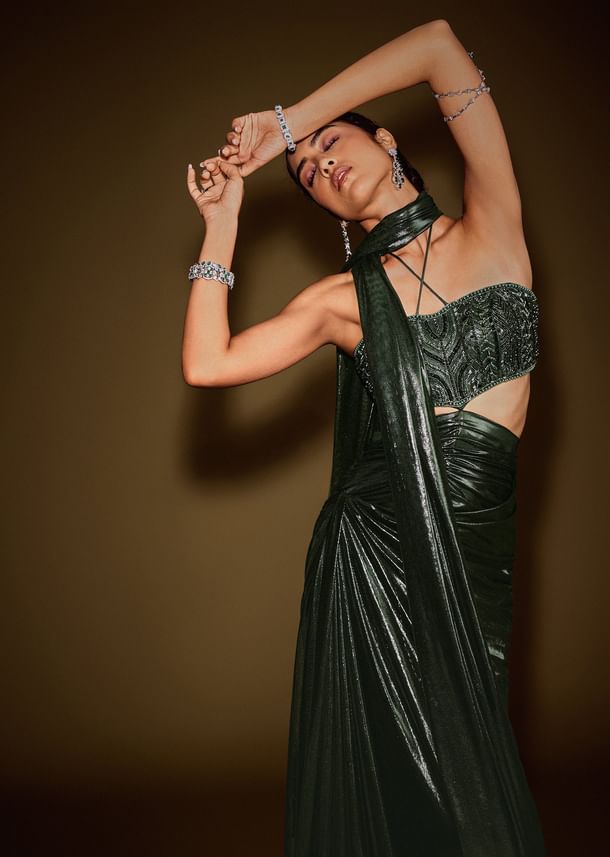 Bottle Green Embroidered Gown With Keyhole Waist And Drape Dupatta