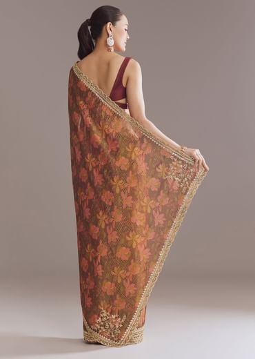 Brown Printed Tissue Lurex Saree With Zari Mirror And Cutdana Embroidery