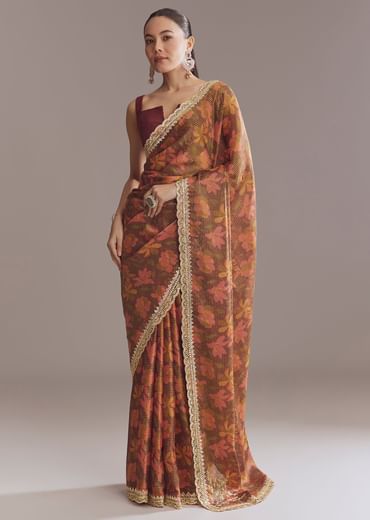 Brown Printed Tissue Lurex Saree With Zari Mirror And Cutdana Embroidery