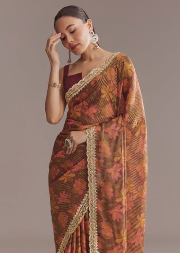 Brown Printed Tissue Lurex Saree With Zari Mirror And Cutdana Embroidery