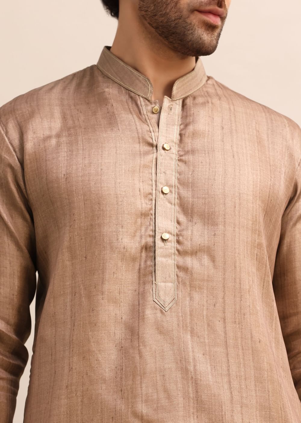 Brown Tussar Silk Plain Kurta Pyjama For Men